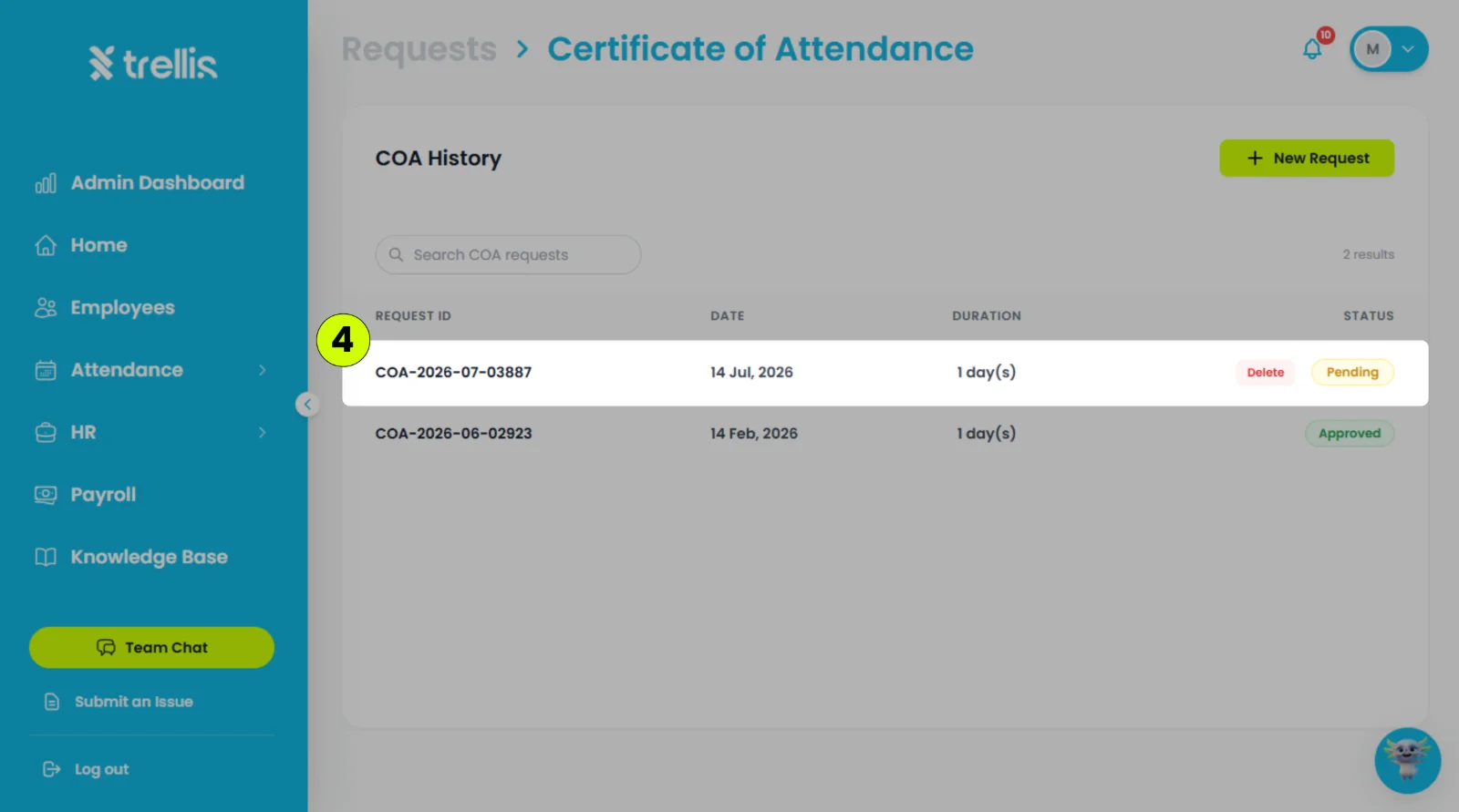 How can I delete a Certificate of Attendance (COA) request?