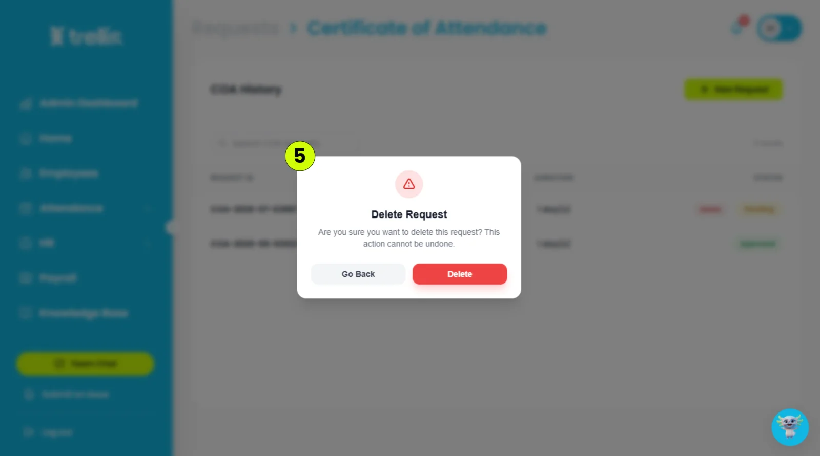 How can I delete a Certificate of Attendance (COA) request?