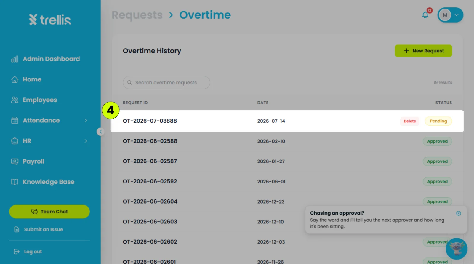 How can I delete an overtime request?