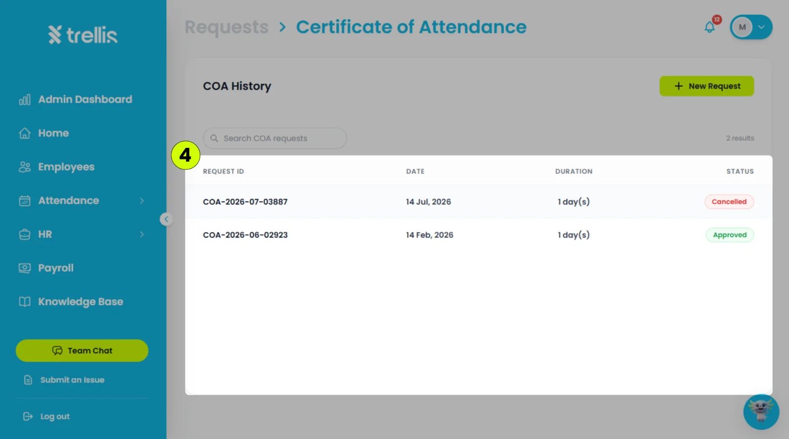 Where can I view the details of my Certificate of Attendance (COA) request?